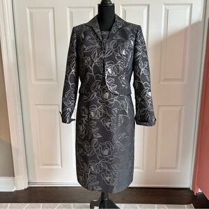 Nipon Boutique Black and Silver Floral Jacket and Cocktail Dress Set